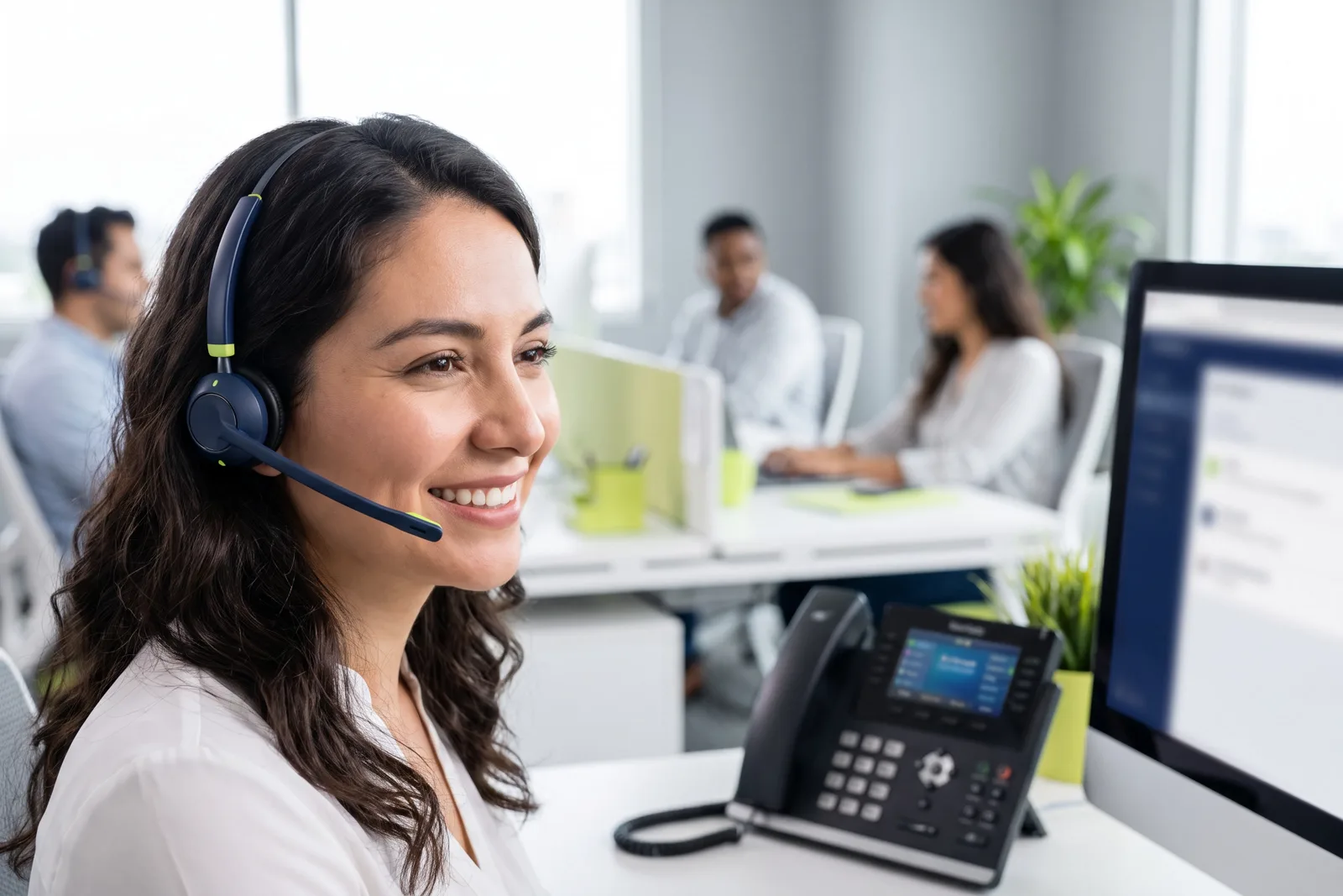 Agente con diadema atendiendo llamadas en un conmutador PBX en la nube