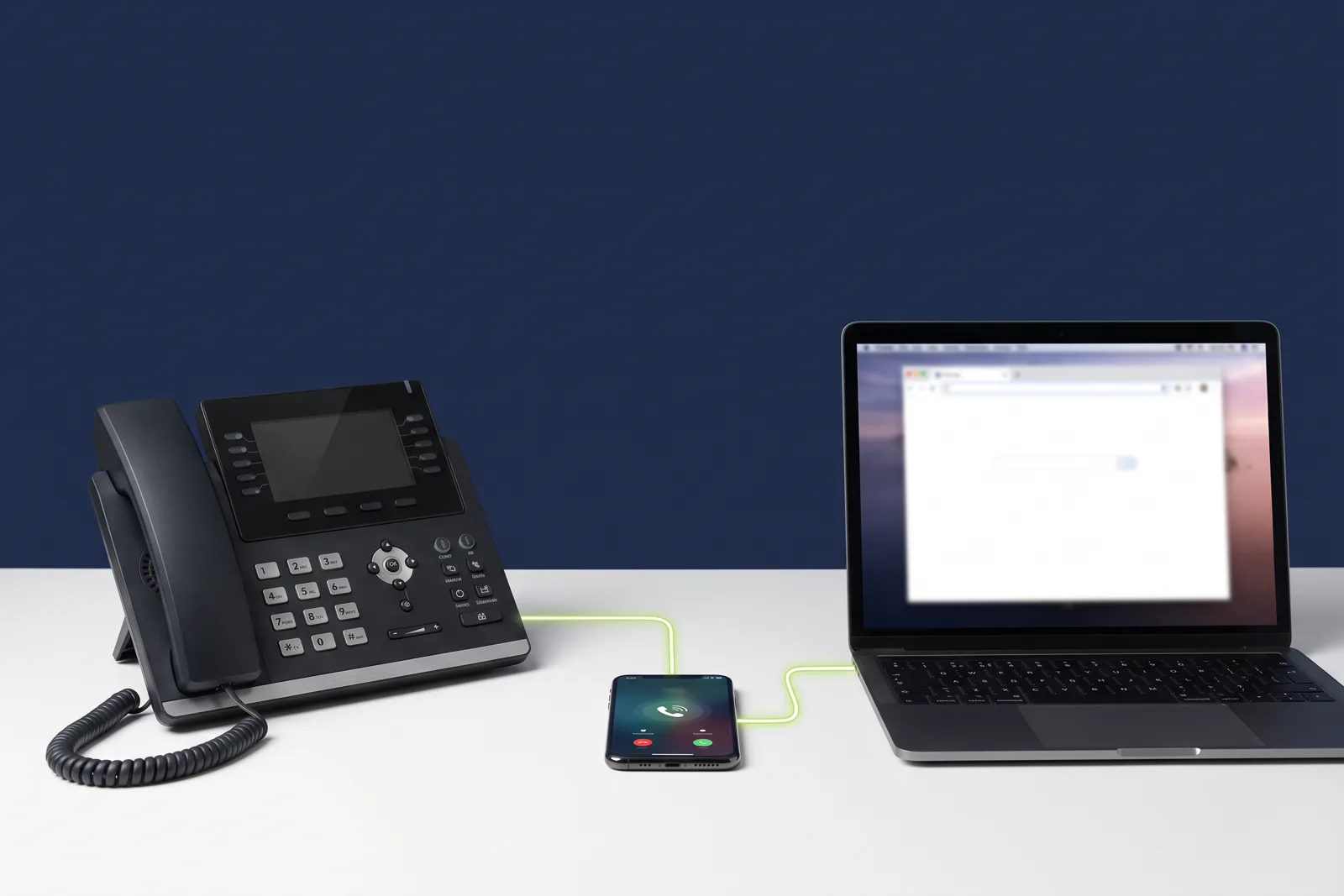 Conmutador 4 líneas: teléfono IP, celular y computadora conectados a la nube