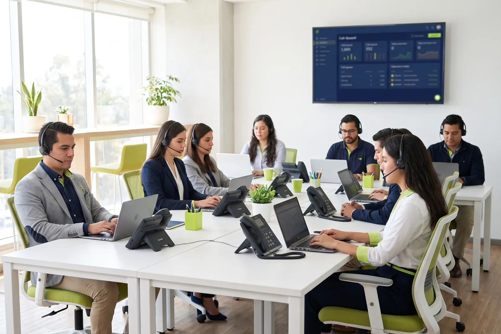 Equipo de ventas usando un conmutador PBX en la nube con teléfonos IP y computadoras