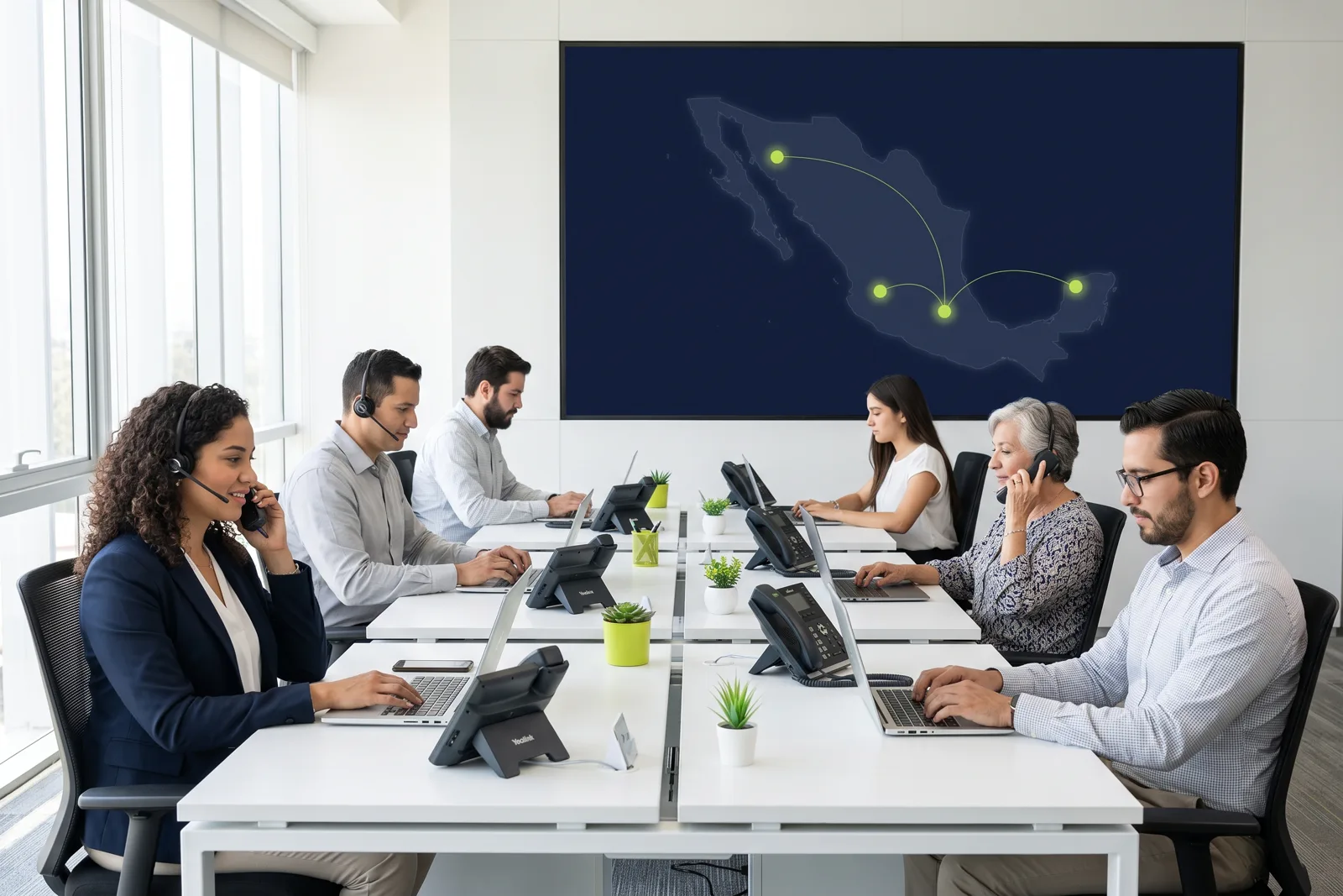 Equipo de una pyme conectado por un sistema de conmutador telefónico en la nube